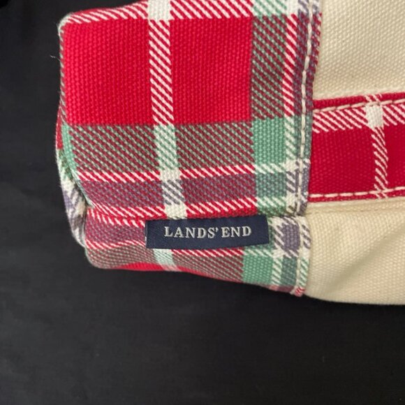 Lands' End Wine Bottle Tote Bag Ivory Canvas w/ Red & Green Plaid - Picture 4 of 5